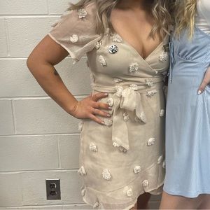 beige Pom Pom puff sleeve mini dress